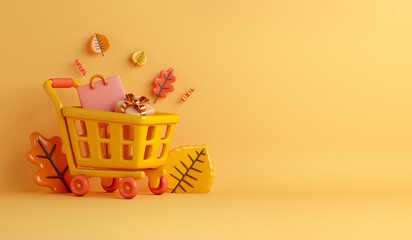 Autumn sale decoration background with trolley basket shopping cart, gift box, bag, leaves, copy space text, 3D rendering illustration