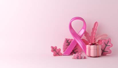 Breast cancer awareness ribbon with gift box decoration background, copy space text, 3d rendering illustration