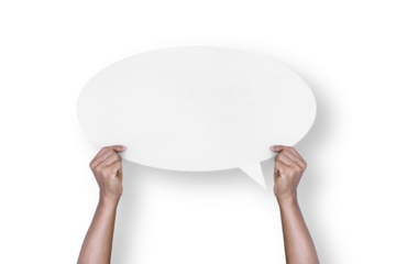 hand holding round white paper bubble speech bubble isolated on transparent background