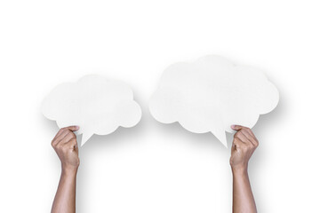 Hand holding a white paper cloud shape speech bubble balloon isolated on transparent background.