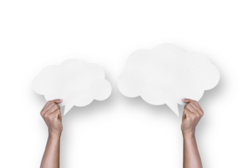 Hand holding a white paper cloud shape speech bubble balloon isolated on transparent background.