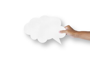 Hand holding a white paper cloud shape speech bubble balloon isolated on transparent background.