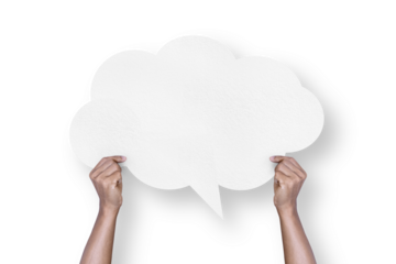 Hand holding a white paper cloud shape speech bubble balloon isolated on transparent background.