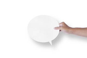 hand holding round white paper bubble speech bubble isolated on transparent background