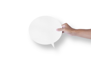 hand holding round white paper bubble speech bubble isolated on transparent background