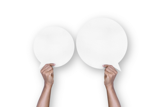 hand holding round white paper bubble speech bubble isolated on transparent background