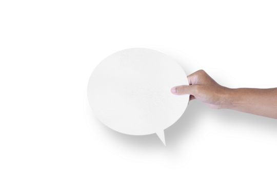 hand holding round white paper bubble speech bubble isolated on transparent background - Powered by Adobe