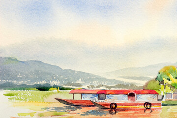 Tourist  boats and fishing families. Watercolor paintings of beautiful landscapes.