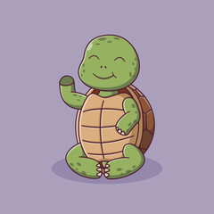 Cute Turtle Cartoon Sitting Waving Hand. Turtle Icon Concept. Flat Cartoon Style. Suitable for Web Landing Page, Banner, Flyer, Sticker, Card