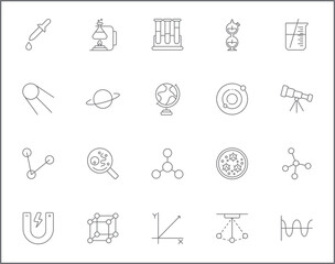Simple Set of science Related Vector Line Icons. 
Contains such Icons as atom, molecule, laboratory, planet, physics, experiment, microscope, chemical and more.