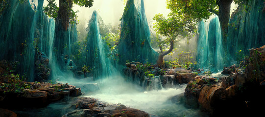 A beautiful enchanted forest with big fairytale trees, waterfall and great vegetation. Digital Painting Background, Illustration. - obrazy, fototapety, plakaty