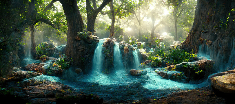 A beautiful enchanted forest with big fairytale trees, waterfall and great vegetation. Digital Painting Background, Illustration.