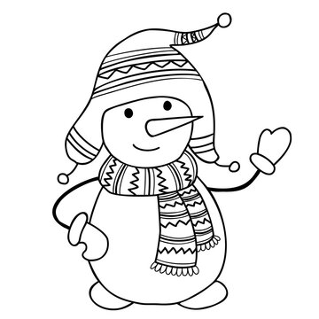 Cute snowman with knitted hat and scarf. Vector illustration. Linear hand drawn doodle. Cute Winter cartoon fairy tale snow character for decor and New Year cards, colorize picture.