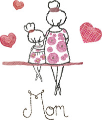 Watercolor illustration of embroidered mother and daughter on the wooden embroidery frame canvas. Ideal for Mother Day
