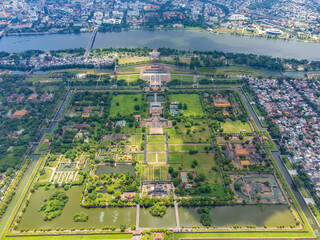 Aerial view of Hue Citadel and view of Hue city, Vietnam. Emperor palace complex, Hue Province,...
