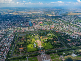 Aerial view of Hue Citadel and view of Hue city, Vietnam. Emperor palace complex, Hue Province, Vietnam