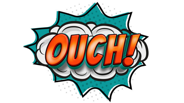 Ouch! cartoon comic 3d text speech bubble with blue explosion and cute cloud