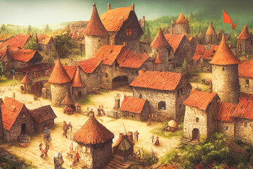 3D render of fantasy medieval village with a lot of buildings. Digital art illustration