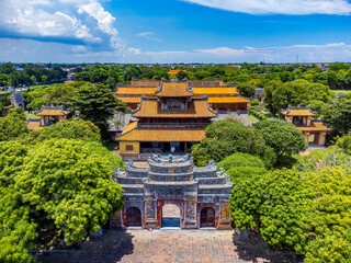 Aerial view of Hue Citadel and view of Hue city, Vietnam. Emperor palace complex, Hue Province, Vietnam