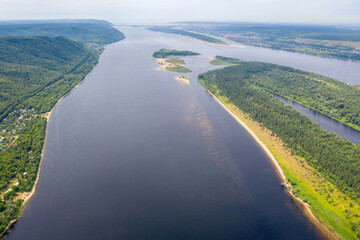 Fototapeta na wymiar Drone view of Volga river and Sredniy island on sunny summer day. Zhiguli Nature Reserve, Samara Oblast, Russia.