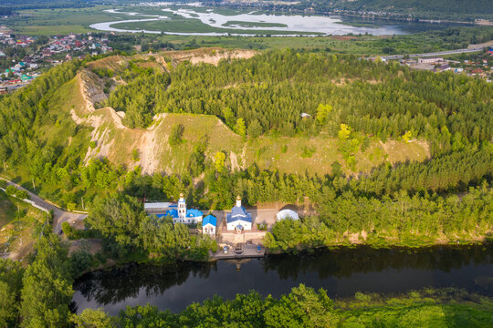 Aerial view of Tsarev Kurgan and Church of the Icon of the Mother of God &rsquo;Neupivaemaya chasha&rdquo;. Volzhsky, Samara Oblast, Russia.