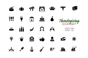 Thanksgiving Icon Set with Glyph Style Concept Isolated on White Background. This Set Consist of 33 Icon Among dessert, cheers, bakery, dinner, fruits, candles, cocktail, etc. Vector Illustration