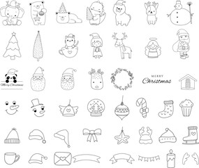 Cute Christmas element cartoon bundle 
outline,hand drawn, for Christmas ,kids,baby animal characters, card.vector illustration