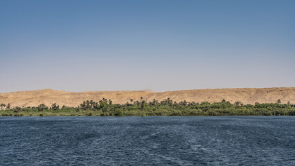 Lush green vegetation grows on the bank of the blue river - palm trees, bushes. A sand dune against a clear sky. Copy space. Egypt. Nile