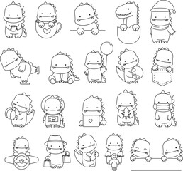 Cute dinosaur cartoon character Big set outline hand drawn style,
for printing,card, t shirt,banner,product.vector illustration	