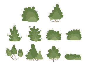 Collection of green cute bushes of various shapes. Dense shrubs for fencing. Vector illustration