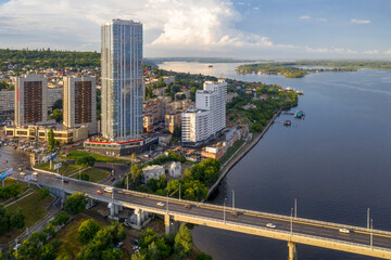Aerial view of Saratov, Elena Skyscraper and the bridge across Volga, Russia.