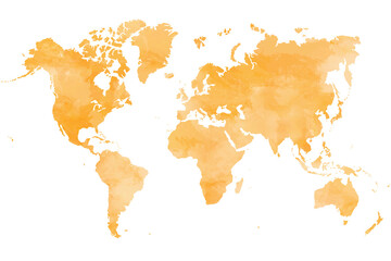 Colorful watercolor world map on transparent background. 