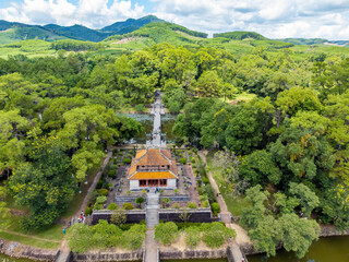 Aerial view of Hue Citadel and view of Hue city, Vietnam. Emperor palace complex, Hue Province, Vietnam