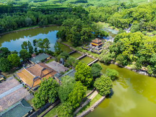 Fototapeta na wymiar Aerial view of Hue Citadel and view of Hue city, Vietnam. Emperor palace complex, Hue Province, Vietnam