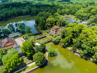 Fototapeta na wymiar Aerial view of Hue Citadel and view of Hue city, Vietnam. Emperor palace complex, Hue Province, Vietnam