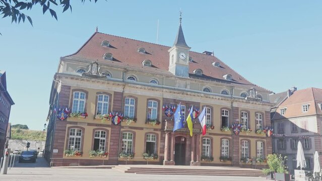 Town Hall and Place de Armes in Belfort in the Franche-Comte area of France. Belfort is a large town and popular tourist destination. High quality 4k footage
