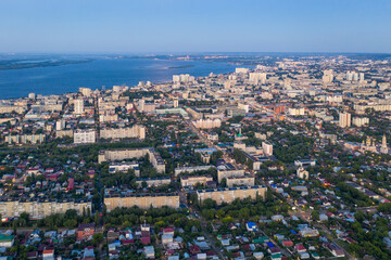 Aerial view of Saratov before sunrise. Saratov Oblast, Russia.