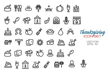 Thanksgiving Icon Set with Line Style Concept Isolated on White Background. This Set Consist of 33 Icon Among dessert, cheers, bakery, dinner, fruits, candles, cocktail, etc. Vector Illustration