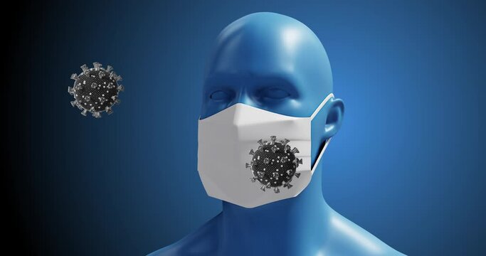 Animation of macro coronavirus Covid-19 cells floating over a 3D man wearing a mask