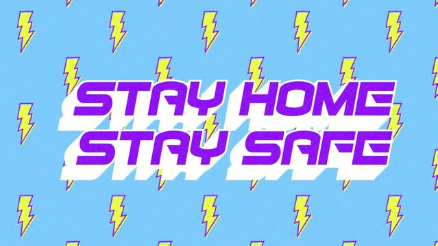 Animation of words Stay At Home written in purple letters over drawings on blue background