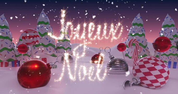 Animation of French Christmas Message written in shiny letter on snowy landscape with Christmas ball