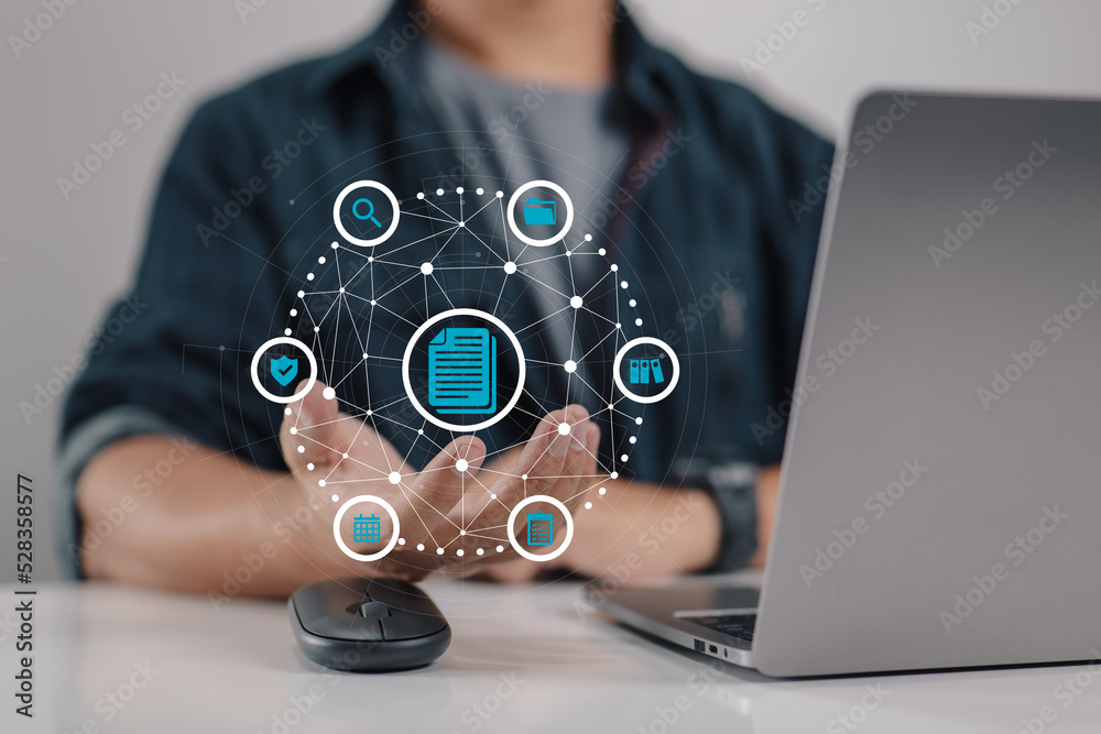 Poster document management data system containing a document icon. management system for company data. busi