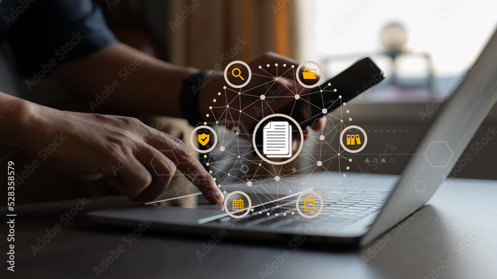Aufkleber Document management data system containing a document icon. Business Internet Technology Privacy and Data Protection Concept. Management system for company data.