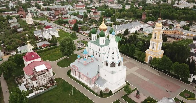 Panoramic view from drone of the church and temple of city Kolomna. Russia 