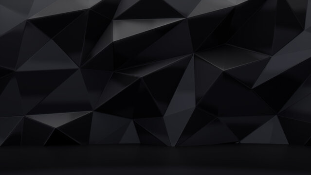 Modern Product Stage with Black 3D Wall. Dark Interior Design Wallpaper.