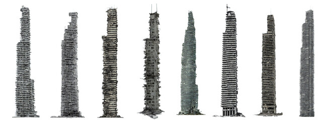 set of ruined skyscrapers, tall post-apocalyptic buildings isolated on white background - obrazy, fototapety, plakaty