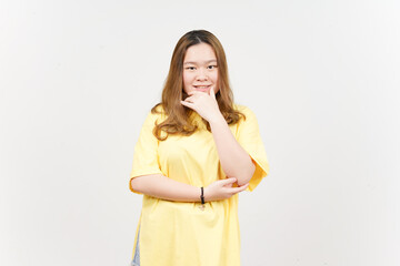 Happy Smile and Looking to the camera of Beautiful Asian Woman wearing yellow T-Shirt