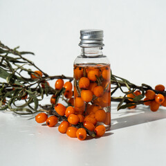 Bottles of sea buckthorn oil with a sprig of sea buckthorn berries. Natural sea buckthorn oil and fresh berries on a white background. Sea buckthorn oil in small bottles. Selective focus. 
