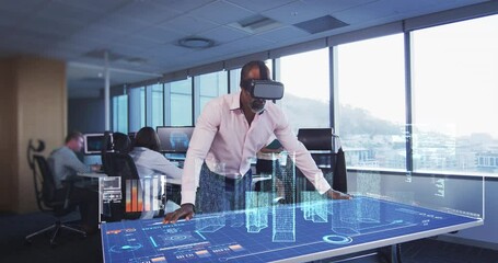 Animation of a businessman wearing a VR headset with a 3d plan on a table - Powered by Adobe