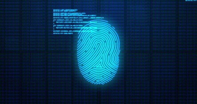Animation of digital biometric fingerprint computer interface icon and data processing on blue backg